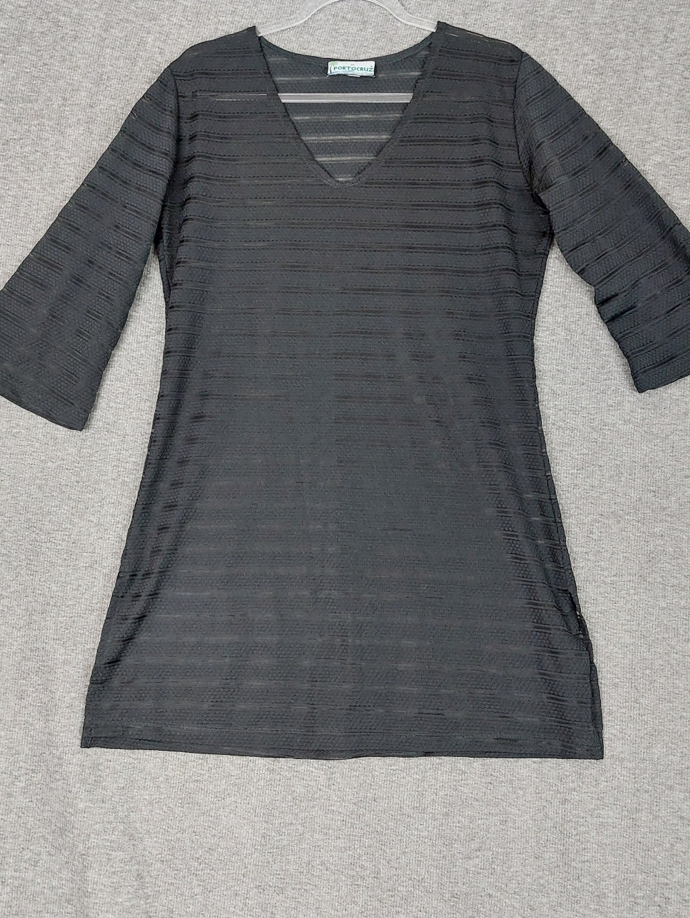 PORTOCRUZ WOMEN BLACK SHEER VNECK 3/4 SLEEVE SUMMER BEACH SWIM COVERUP DRESS M/L